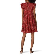 Red printed cotton (51% Cotton, 49% Rayon). Shift. Cap sleeves. High neckline. Center back neck button closure. Pockets. 37" from shoulder to hemline. Imported. Red Knee-length Cotton Mini Dress, Casual Cotton Dress With Cap Sleeves, Casual Cotton Cap Sleeve Dress, Red Floral Print Cotton Mini Dress, Red Cotton Knee-length Dress, Red Knee-length Cotton Dress, Red Floral Print Cotton Dress, Red Cotton Midi Dress For Daywear, Red Printed Cotton Dress