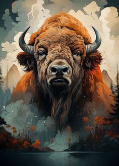 an illustration of a bison with long horns standing in front of a mountain range and cloudy sky