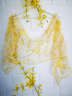 "Hand painted luxury silk chiffon scarf -Yellow Joy-Forsythia. Cheerful Yellow Blossoms in very pale transparent yellow background. Yellow color represents youth, fun, joy, sunshine and other happy feelings while Forsythia meaning is Anticipation. Can be quoted as \"good things come to those who wait\". And related with waiting for something or for someone (might be spring... or might be something beautiful...) This design Scarf is MADE TO ORDER and available in 2 SQUARE and 5 OBLONG sizes: 21*x Spring Floral Print Organza Dupatta, Elegant Yellow Silk Scarf, Spring Wedding Silk Shawl, Elegant Yellow Silk Scarf Gift, Elegant Yellow Silk Shawl, Yellow Bohemian Silk Scarf For Summer, Spring Shawl Scarf As Gift, Spring Shawl Scarves As Gift, Summer Yellow Silk Dupatta