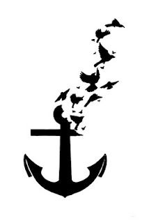 an anchor with birds flying out of it's top and the bottom half is black