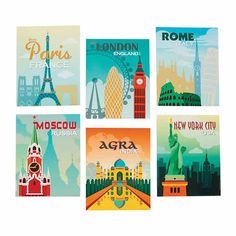 four different travel posters with the names of cities in english, french, and spanish