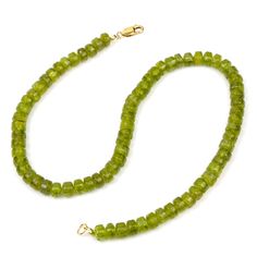 Peridot Necklace with Gold Filled Lobster Clasp Approx. 18" long Bead Size : 8mm x 5mm Smooth Rondelles Strung and Knotted on Silk Cord Peridot is the official birthstone for the month of August and is also the stone for the Zodiac sign of Leo and Virgo. Peridot is a unique stone because it only comes in one color, green, although, the shade and hue vary depending on the iron content. Peridot is also the only gemstone that is sometimes found in meteorites. Historically the volcanic island Zabarg Peridot Gemstone Beads Jewelry, Green Rondelle Beads Jewelry 8mm, Leo And Virgo, Peridot Necklace, Silk Cord, One Color, Zodiac Signs, Gold Filled, Beaded Necklace