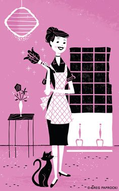 a woman in an apron standing next to a black cat and holding a flower pot