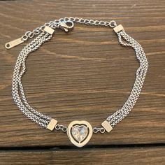 Silver Titanium Steel Three Chain Bracelet Accented With Clear Crystal Heart Chunky Cuff Bracelet, Clear Bracelet, Fendi Bracelet, White Pearl Bracelet, Silver Snake Chain, Sapphire Bracelet, Hinged Bracelet, Amethyst Bracelet, Statement Bracelet