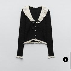 I Would Prefer A Small Or Medium In Good Or New Condition!! Black Ruffled Sweater For Spring, White Ruffled Cardigan For Fall, Elegant Black Zara Cardigan, Elegant Long Sleeve Ruffled Cardigan, Elegant Zara Knit Cardigan, Cream Ruffled Cardigan For Fall, Chic Ruffled Cardigan For Winter, Elegant Knit Sweater With Ruffles, Plain Cardigan