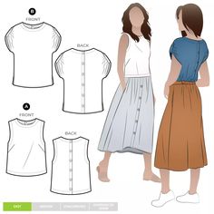 a woman's dress and top sewing pattern, with buttons on the front and back