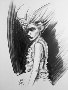 a black and white drawing of a woman with horns on her head, standing next to an angel