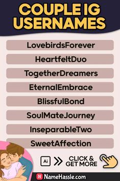 Cute Couple Usernames For Instagram (Generator) Couple Page Name Ideas Instagram, Username For Couple Account, Couple Usernames For Instagram, Couple Username Ideas, Couple Names Ideas, Private Accounts Names