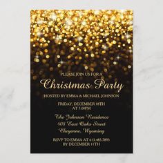 an elegant black and gold wedding card with sparkles on it, in the background