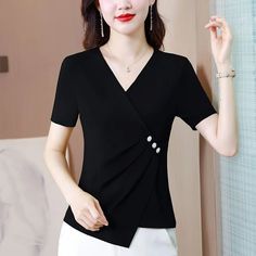 Pongl Color Summer Women's Clothing Shirring Pullover Button V-Neck Short Sleeve Asymmetrical T-shirt Casual Elegant Tops Trendy V-neck Top With Buttons, Black Asymmetrical Top With Buttons, Asymmetrical Black Top With Buttons, Elegant V-neck T-shirt For Workwear, Elegant Tops, Summer Women, Casual Shirts, Women's Clothing, Solid Color