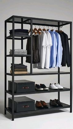 a rack with clothes and shoes on it