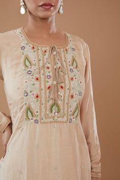 Beige straight kurta with mirror, dabka,  sequins, resham, dori embroidery. Paired with coordinating dupatta and sharara. - Aza Fashions Bohemian Wedding Kurta With Dori Work, Beige Mirror, Dori Embroidery, Women Kurta, Straight Kurta, Sharara Set, Silk Embroidery, Set Women, Aza Fashion