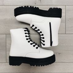 Laced Combat Boot With One Zipper Heel Is 1.5 Inches True To Size White Lace Boots, Lace Combat Boots, Thigh High Boots Outfit, Cute Shoes Boots, Aesthetics Outfits, White Combat Boots, Nude Boots, High Boots Outfit, Shoes Outfit Fashion