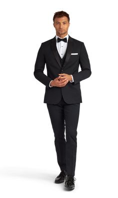 A premium classic black tuxedo with two buttons and a notch lapel. Classic Black Tuxedo, Flat Front Pants, Tuxedo Suit, Black Tuxedo, Pants Style, Fashion Pants, Classic Black, Michael Kors, Wool