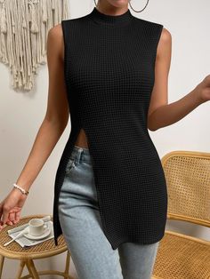 Black Casual Collar  Knitted Fabric Plain Tank Embellished Slight Stretch Summer Women Clothing Simple Fall Outfits, Stylish Dresses, Look Fashion, Classy Outfits, Fashion Online Shop, Diy Clothes, Chic Outfits, Fashion Inspo Outfits, Mock Neck