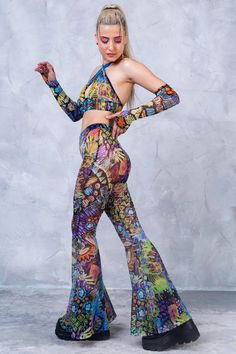 $49 Trippy Patterns, Long Fingerless Gloves, Mesh Pants, Criss Cross Top, Dance Pants, Top And Pants Set, Keyhole Neckline, Bell Bottom Pants, Bell Bottom