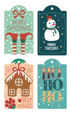 four christmas gift tags with snowmen and houses