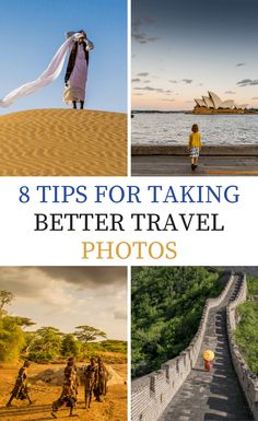 people walking on the beach with text overlay that reads 8 tips for taking better travel photos