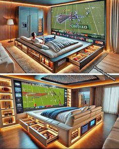 two pictures of a bedroom with a football game on the tv screen and couches