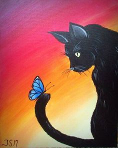 a painting of a black cat holding a butterfly