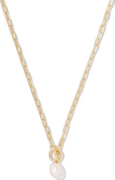 Gold Link Chain Necklace With Pearls, Yellow Gold Chain Necklace With Pearl Pendant, Classic Gold Pearl Chain Necklace, Classic Gold Chain Necklace With Pearl, Classic Gold Chain Necklace With Pearls, Gold Plated Pearl Necklace For Everyday, Everyday Gold Plated Pearl Necklace, Classic Yellow Gold Chain Necklace With Pearl Pendant, Gold Chain Necklace With Initial Pendant And Cable Chain