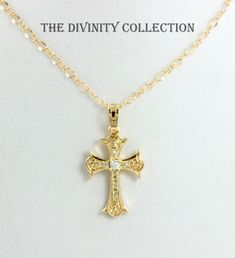 "This is a 18kt gold filled crystal cross pendant necklace, high quality guaranteed! Cross sparkles with pave crystals set in 18kt gold filled. Cross measures 25x18mm (approximately 1\" x 3/4\"). Necklace chain is 18kt gold filled 3x2mm links with a spring clasp in a 17\" length. This is a beautiful crystal cross, very high quality, a gift she is sure to love. Comes nicely boxed, the perfect gift! Why you should choose Gold Filled Jewelry... Gold filled jewelry is an actual layer of gold pressur Rosary Necklaces, 14kt Gold Jewelry, Quinceanera Jewelry, Vacation 2024, Cross Necklace Women, Clean Sterling Silver, Golden Necklace, Catholic Jewelry, Gold Cross Necklace