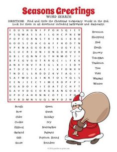 a christmas word search is shown with santa claus in red and white clothes, standing next to a sign that says season's greetings