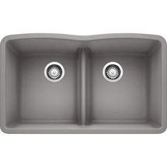 the double bowl kitchen sink is shown in grey