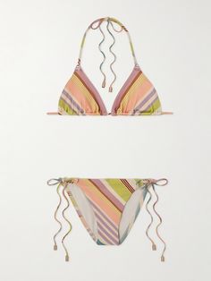 Zimmermann's 'Halliday' bikini comes in warm tones that perfectly suit a beachy backdrop. It's made from striped supportive stretch fabric with adjustable triangle cups and briefs offering medium coverage. Adjust the metal-tipped ties for your perfect fit. Striped Triangle Top Swimwear For Beach, Designer Hair Accessories, Eyewear Shop, Raffia Bag, Swim Suits, Ski Wear, Sport Pants, Hat Hairstyles, Net A Porter