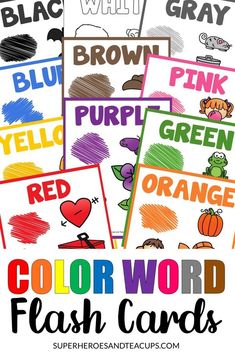 four color word flash cards with the words orange, pink, purple and green on them