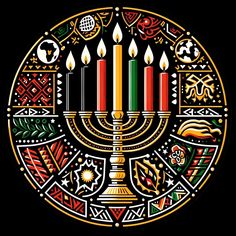 a hanukkah menorah with lit candles in the center on a black background