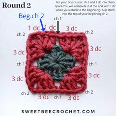 the crochet square is being made with two different colors and has an arrow pointing to it