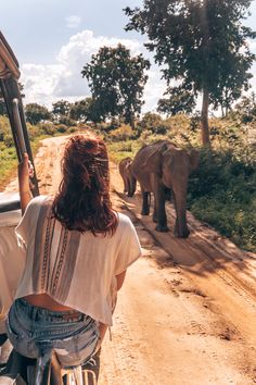 a woman riding on the back of a truck down a dirt road next to an elephant