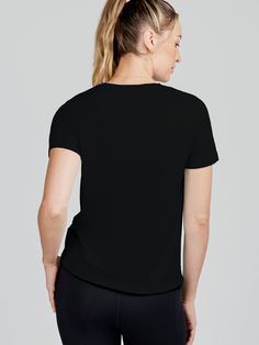 This wear-anywhere, do-everything All Day T-Shirt is made for those on the move. It's perfect for high-intensity workouts or paired with leggings for a casual look. Durable, insanely soft tees that you can rely on day in and day out. Made with lightweight, breathable, moisture-wicking bamboo fabrication, this is your favorite go-to tee, but better. They have the same qualities and function as your favorite workout tees, yet made for everyday wear. Style #TW905 Basic Go-dry T-shirt For Workout, Black Athletic Fit T-shirt For Athleisure, Sportswear Moisture-wicking Tops For Everyday, Athletic Fit T-shirt For Light Exercise, Black Athleisure T-shirt For Yoga, Sporty Go-dry Everyday Activewear, Black 4-way Stretch Workout Tops, Black 4-way Stretch Activewear, Basic Black Go-dry Tops