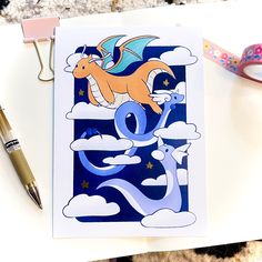 a greeting card with an image of a dragon flying over clouds and stars on it