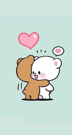 a cartoon bear hugging a teddy bear with a heart above its head on a blue background