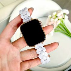 Slim Women’s Resin Like Adjustable White Pearl Watch Band Compatible With Apple Watch 5/6/7/8/Se/Ultra. Easy Changeable Apple Style Band. (New) Adjustable White Apple Watch Band, Trendy White Watch Accessories With Bracelet Strap, Trendy White Bracelet Strap For Watches, Trendy White Bracelet Strap Apple Watch Band, Trendy White Apple Watch Band With Bracelet Strap, Trendy White Rectangular Watch Accessories, Trendy White Watch With Bracelet Strap, Apple Watch Colors, Pearl Watch