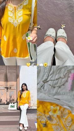 Desi Kurti Style, Yellow Kurti Outfit Ideas, Yellow Kurti With White Plazo, Kurti Look Casual, Yellow Kurti Aesthetic, Desi Kurti Designs, Aesthetic Photo In Kurti, Kurti Aesthetic Pics, Kurti Story Ideas