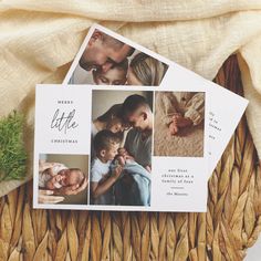 three photos of a couple and their baby are displayed on top of a woven basket