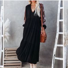 Black Swiss Dot Maxi The Most Amazing Embroidery On The Sleeves Black V-neck Boho Dress For Spring, Spring Bohemian Style Boho Dress In Black, Black Long Sleeve Boho Dress For Summer, Black Bohemian Boho Dress For Spring, Spring Bohemian Black Boho Dress, Chic Black Midi Dress With Floral Embroidery, Black Boho Maxi Dress For Fall, Black Maxi Length Boho Dress For Fall, Casual Black Boho Dress With V-neck