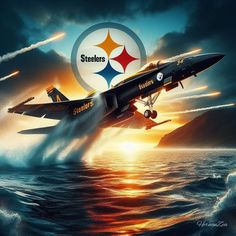 the pittsburgh football team is flying over the ocean with their planes in the sky above them