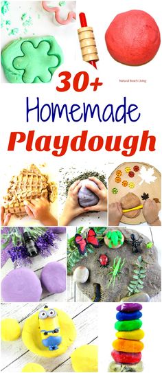 the cover of 30 homemade playdoughs with images of different toys and crafts