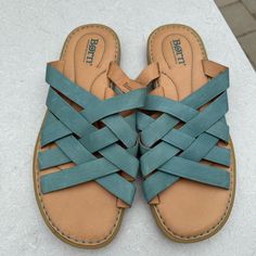 Born Isle Leather Turquoise Sandals Size 9 Brand New No Box Casual Flat Turquoise Sandals, Casual Turquoise Flat Sandals, Turquoise Leather Sandals For Beach, Blue Leather Slip-on Sandals, Blue Open Toe Footbed Sandals With Cork-bed Midsoles, Outdoor Blue Slip-resistant Sandals, Casual Turquoise Slip-on Sandals, Small Turquoise Nickel-free Hoop Earrings, Turquoise Sandals