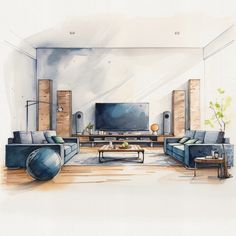 a watercolor painting of a living room with blue couches and a large television