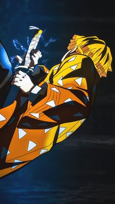 an animated image of a man with a guitar in his hand and wearing a costume