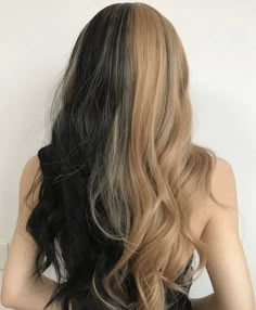 Mixed Hair Dye Ideas, Split Dyed Hair Natural Colour, Bleach Ends Of Hair, Sectioned Hair Dye, Half Black And Blonde Hair, Split Dyed Hair Black And Blonde, Black And Blonde Split Dye, Brown Split Dye