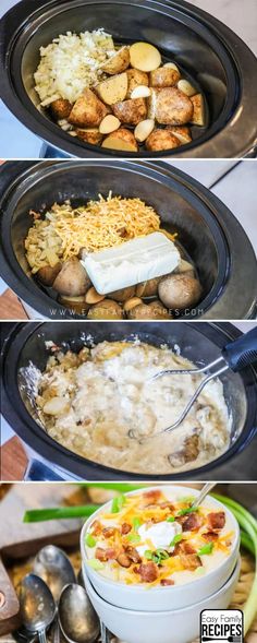 three pictures showing different types of food being cooked in crockpots