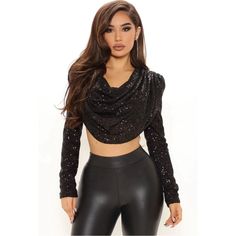 Brand New Cowl Neck Long Sleeves Shoulder Pads Zipper Back Sequins Cropped Glamorous Fall Club Tops, Black Sequin Blouse For Date Night, Trendy Fall Club Blouse, Elegant Fall Club Tops, Trendy Winter Blouse For Night Out, Trendy Blouse For Winter Nights Out, Glamorous Black Tops For Night Out, Glamorous Black Top For Night Out, Trendy Black Blouse For Night Out