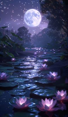 some water lilies floating on top of a body of water under a full moon