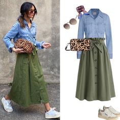 Olive Green Pants Outfit, Green Skirt Outfits, Skirt Outfit Summer, Color Combos Outfit, Midi Skirt Outfit, Fashion Capsule, Streetwear Casual, Midi Skirts, Looks Chic